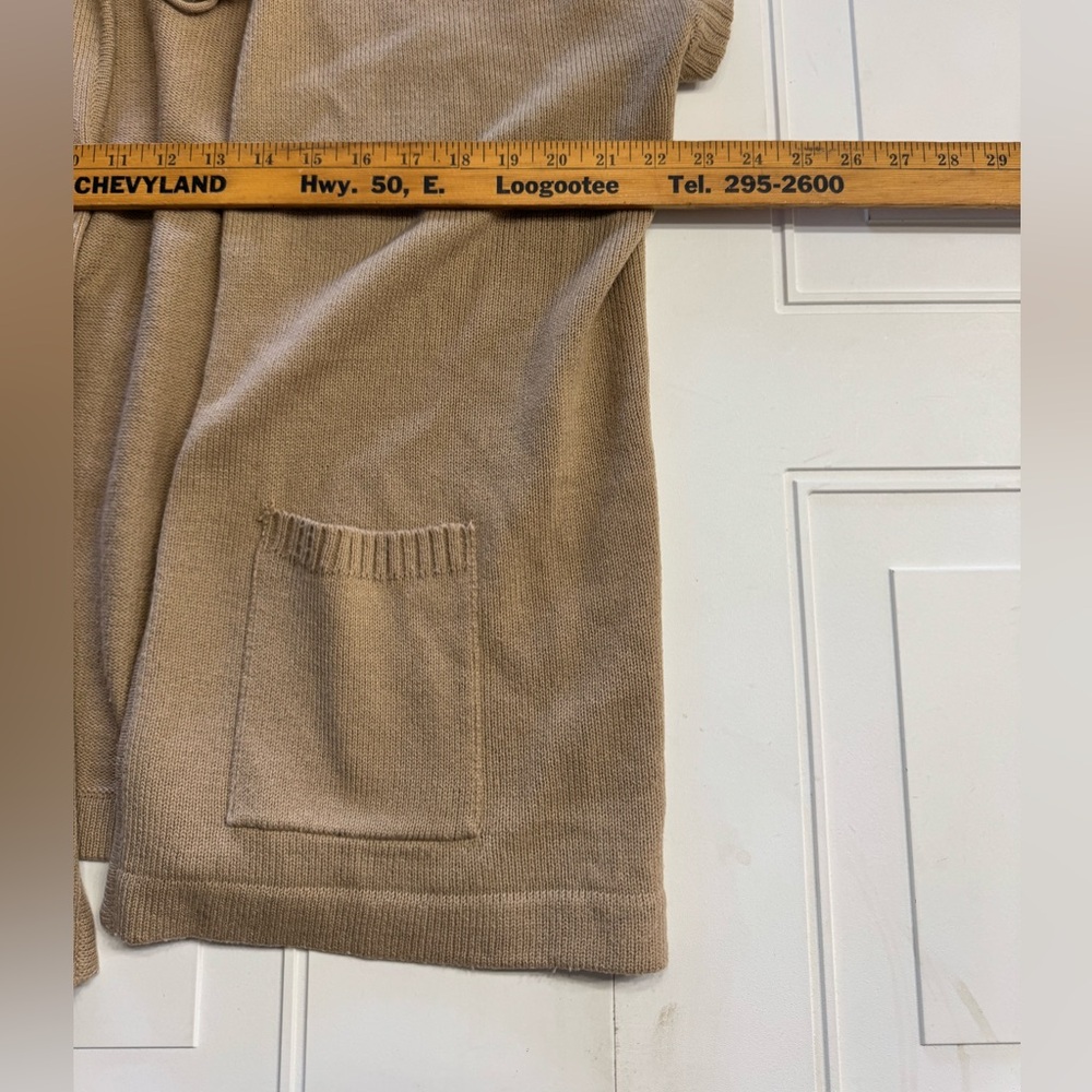 Marshall Field & Co Size 46/XXL Vintage Tan Open Front Sleeveless Tie Cardigan - Picture 3 of 6